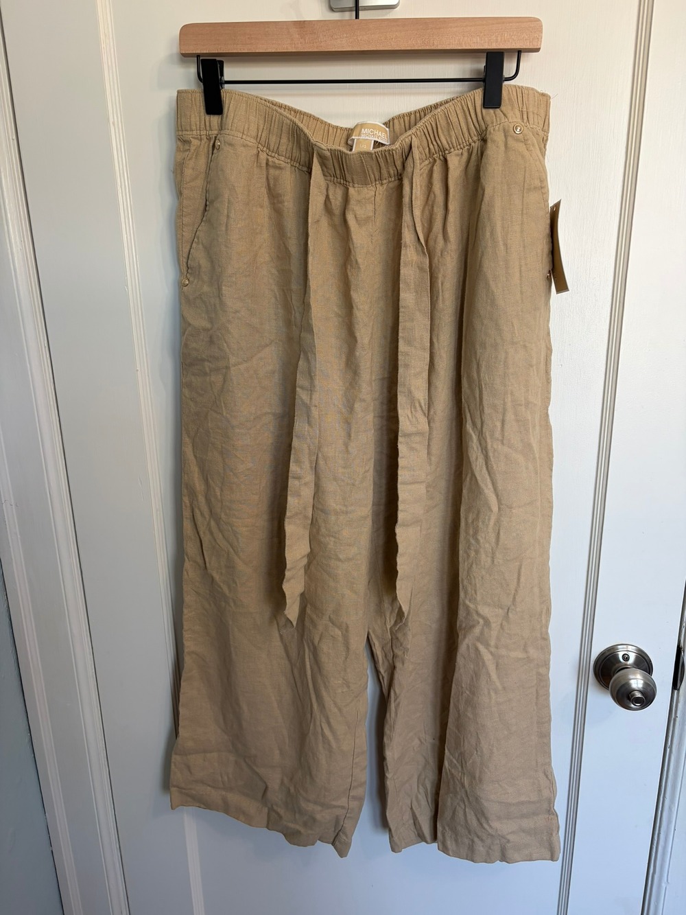 NWT MICHAEL Michael Kors Linen Blend Wide Leg Pull-On Pants L Khaki Tie Waist